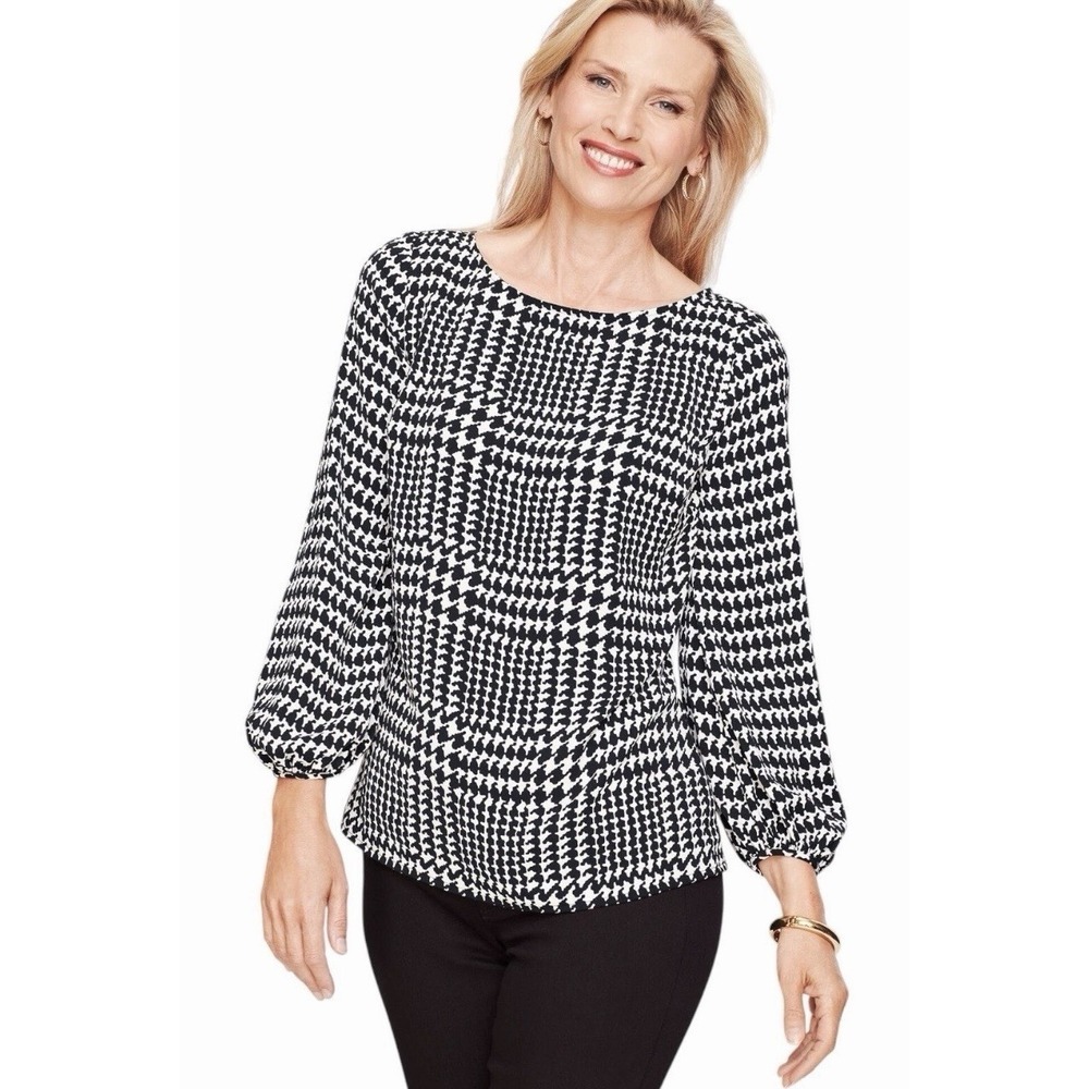 Talbots Houndstooth Poet Sleeve Boat Neck Top Office Women's Size Large Petite